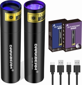 DARKBEAM UV Flashlight 365nm Light and 395nm Blacklight, Mini Powerful Woods Lamp USB-C Rechargeable, LED Ultraviolet Flashlights Pet Urine Detector for Rock, Uranium Glass, Resin Curing, 2 Pack