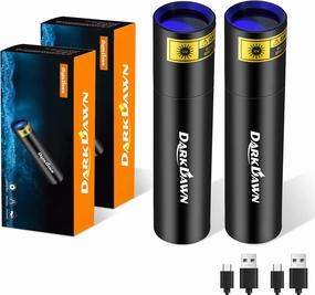 DARKBEAM UV Flashlight 365nm Woods Lamp USB Rechargeable Portable Blacklight LED Ultraviolet Light Mini, Detector for Pet Urine, Stains, Uranium Glass, Money, Amber 370nm, 2 Pack