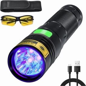 DARKBEAM UV Flashlight 395nm Black Light, 20W High Power 3 UV LEDs USB -C Rechargeable, Mini Woods Lamp Ultraviolet with Glasses- Detector for Pet Urine, Uranium Glass - Leak Detection - Curing Resin