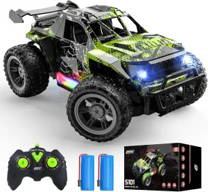 DEERC Remote Control Car with LED Colorful Lights, 1:18 RC Truck for Boys, 2.4Ghz Monster Truck Toy with 2 Batteries, All Terrain Auto Mode Off-Road Race Car, Toys Gifts for Boys Kids Girls
