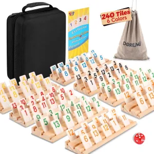 Deluxe Rummy Cube Game Set 6-8 Players with 8 Wooden Racks and 240 Rummy Tiles, Travel Family Board Game for Adults and Kids