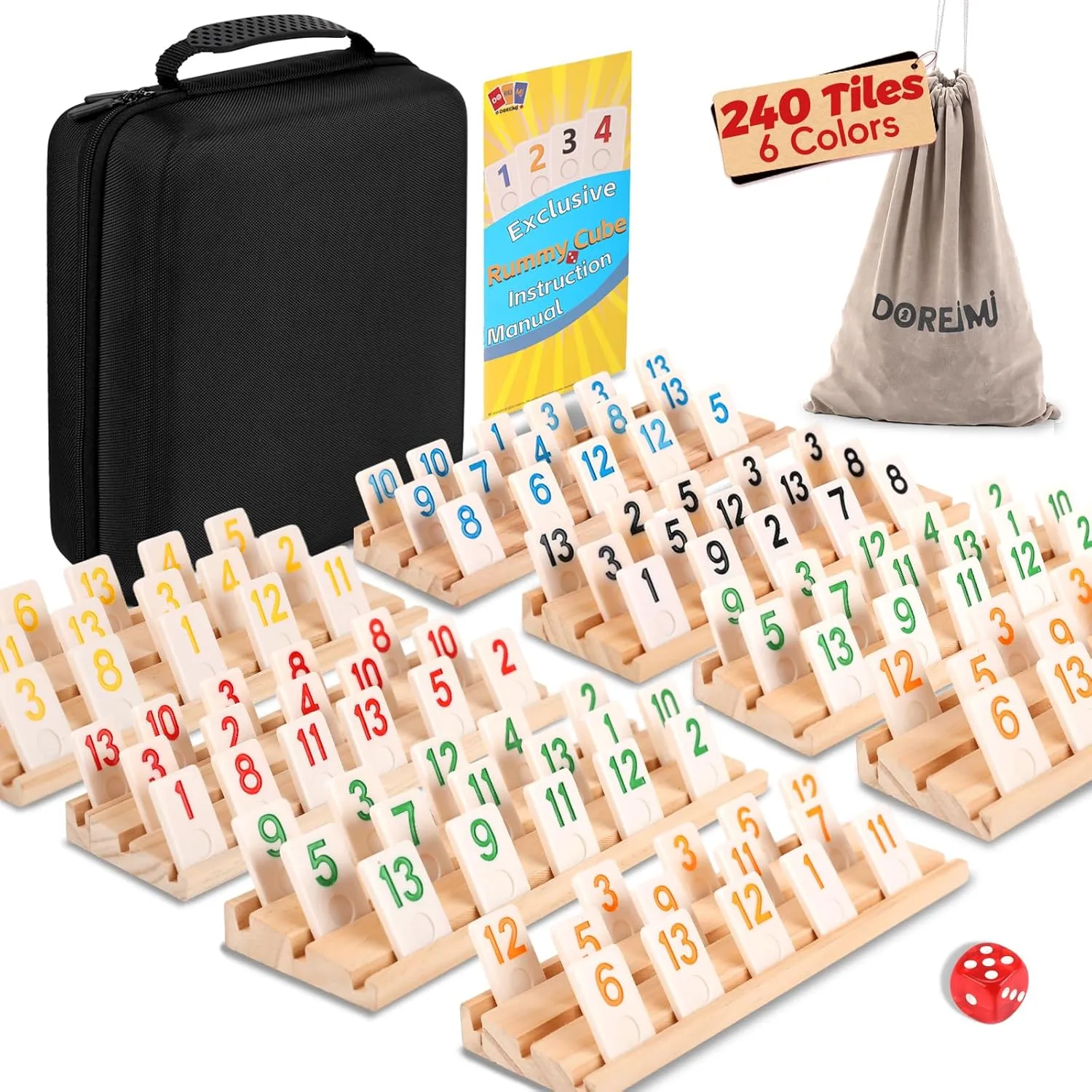 Deluxe Rummy Cube Game Set 6-8 Players with 8 Wooden Racks and 240 Rummy Tiles, Travel Family Board Game for Adults and Kids