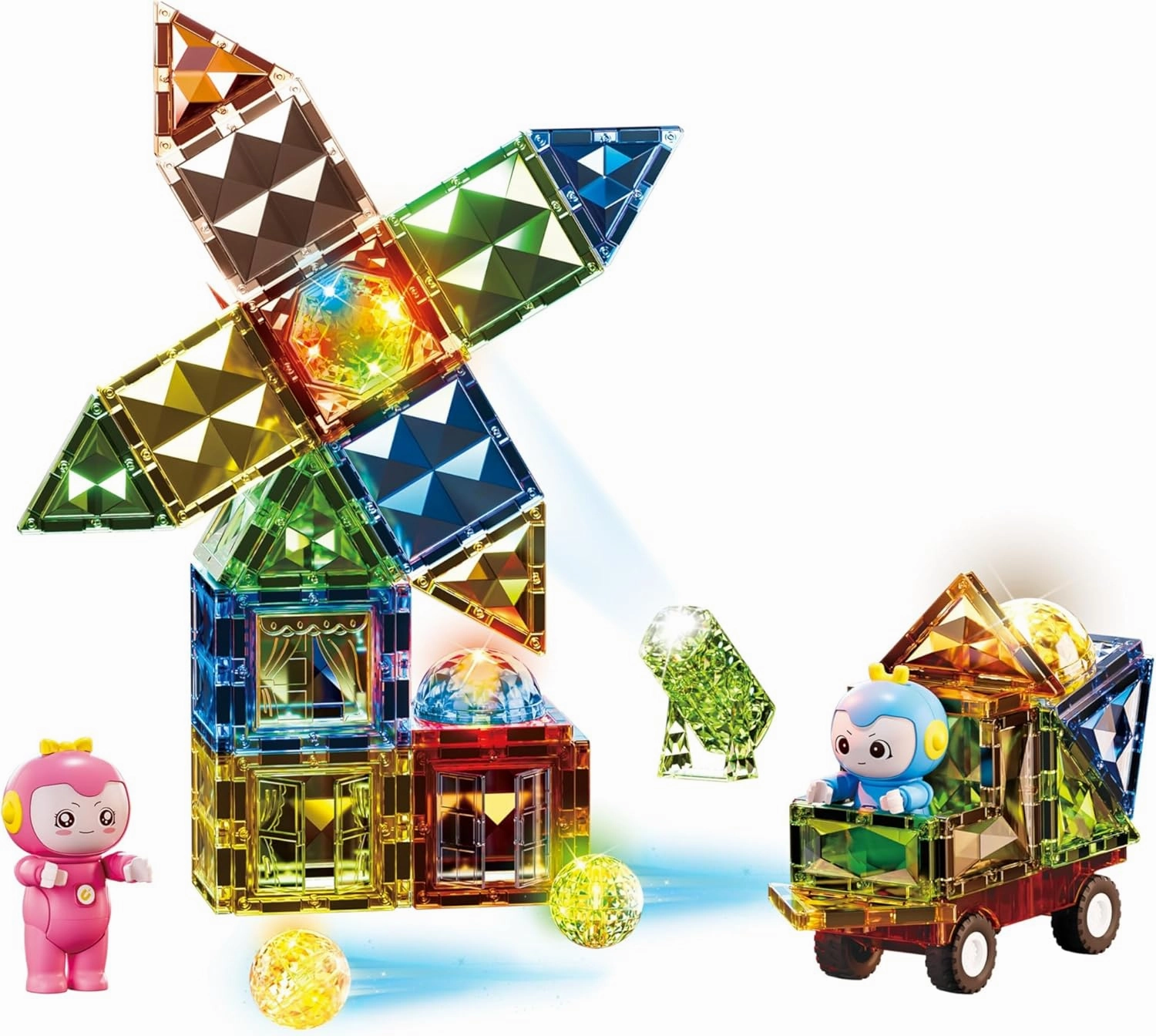 Deluxe Quality Magnetic Tiles Building Set with Attractive Reflective Pattern, LED Lights, Marble Run, and Cars - STEM Educational Toy for Creative Kids Girls Boys 3  (57 pcs Start up)