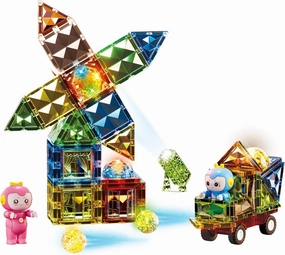 Deluxe Quality Magnetic Tiles Building Set with Attractive Reflective Pattern, LED Lights, Marble Run, and Cars - STEM Educational Toy for Creative Kids Girls Boys 3  (57 pcs Start up)