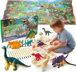Dinosaur Eggs Excavation Kit - 12 Dino Eggs with 12 Dinosaur Toys Inside, Learning Cards,Dig Kit,Large Game Map,Dice Included-Fun Dinosaur Toys for Kids 5-7 & 8-12,Educational Science Kits