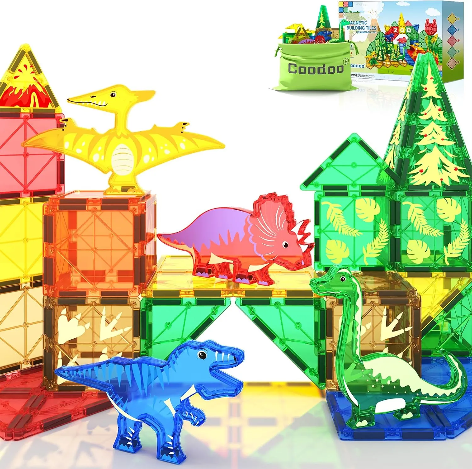 Dinosaur Toys Magnetic Tiles Building Blocks Kids - Dinosaur World STEM Magnet for Toddlers Creative Construction Play for 3  Year Old Boys Girls Ideal Preschool Learning Sensory Toys