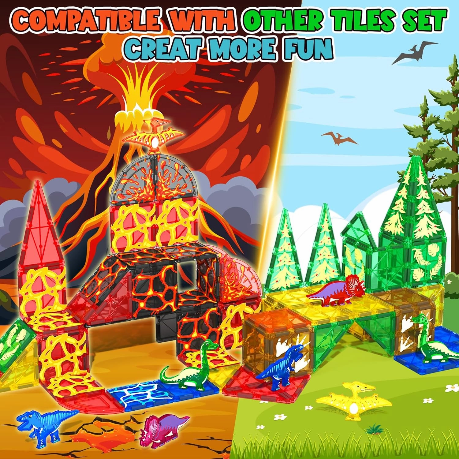 Dinosaur Toys Magnetic Tiles Lava Dinosaur World Set - Kids Games for 3  Year Old Boys & Girls, Magnetic Blocks for Kids Ages 3-4 5-7 8-13 STEM Preschool Learning Montessori Toddler Toys