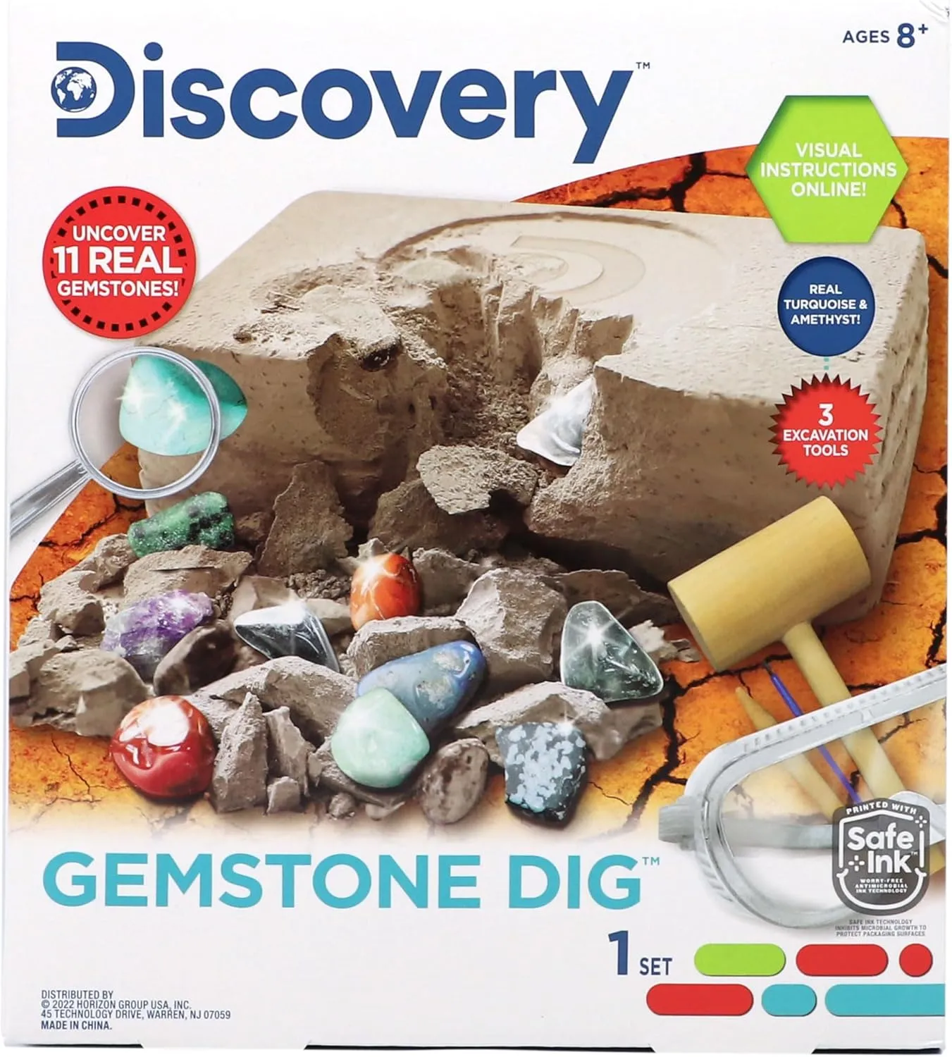 Discovery Kids Gemstone Dig Stem Science Kit by Horizon Group Usa, Excavate, Dig & Reveal 11 Real Gemstones, Includes Goggles, Excavation Tools, Streak Plate, Magnifying Glass & More
