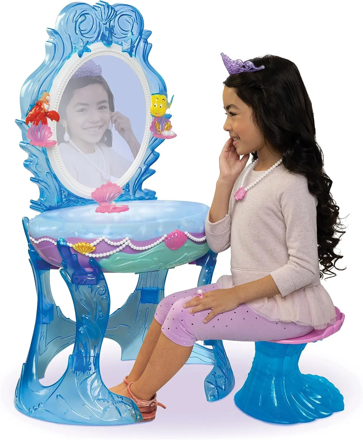 Disney Princess Ariel Vanity for Girls with Lights & Sounds, Plays "Under The Sea" - Magical Light Up Effect Looks Just Like Water! Pretend Play Girls Vanity Set with Mirror and Stool
