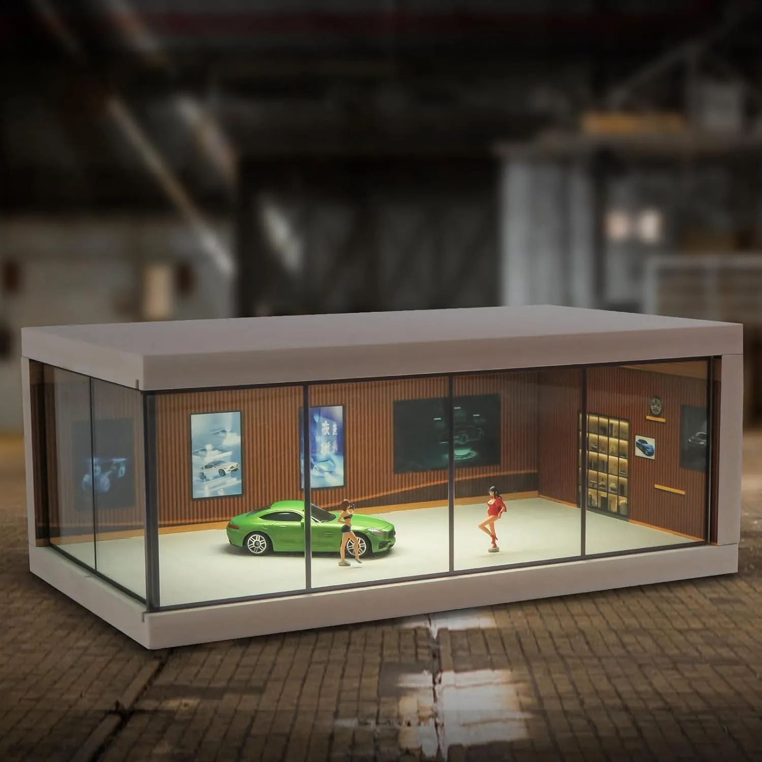 Display Case for Hot Wheels & Matchbox Cars with USB Lights,1/64 Scale Diecast Model Car Storage Car Showroom scene Diorama Parking Garage (Brown)