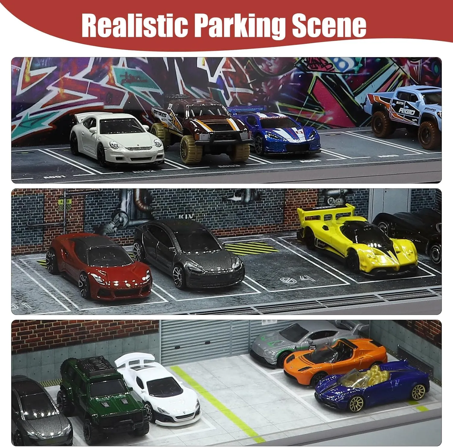 Display Case for Hot Wheels: Stackable Parking Garage for 1/64 Scale Matchbox Toy Car, Foamboard Storage for Monster Trucks with LED Light and Acrylic Cover, Caution Line