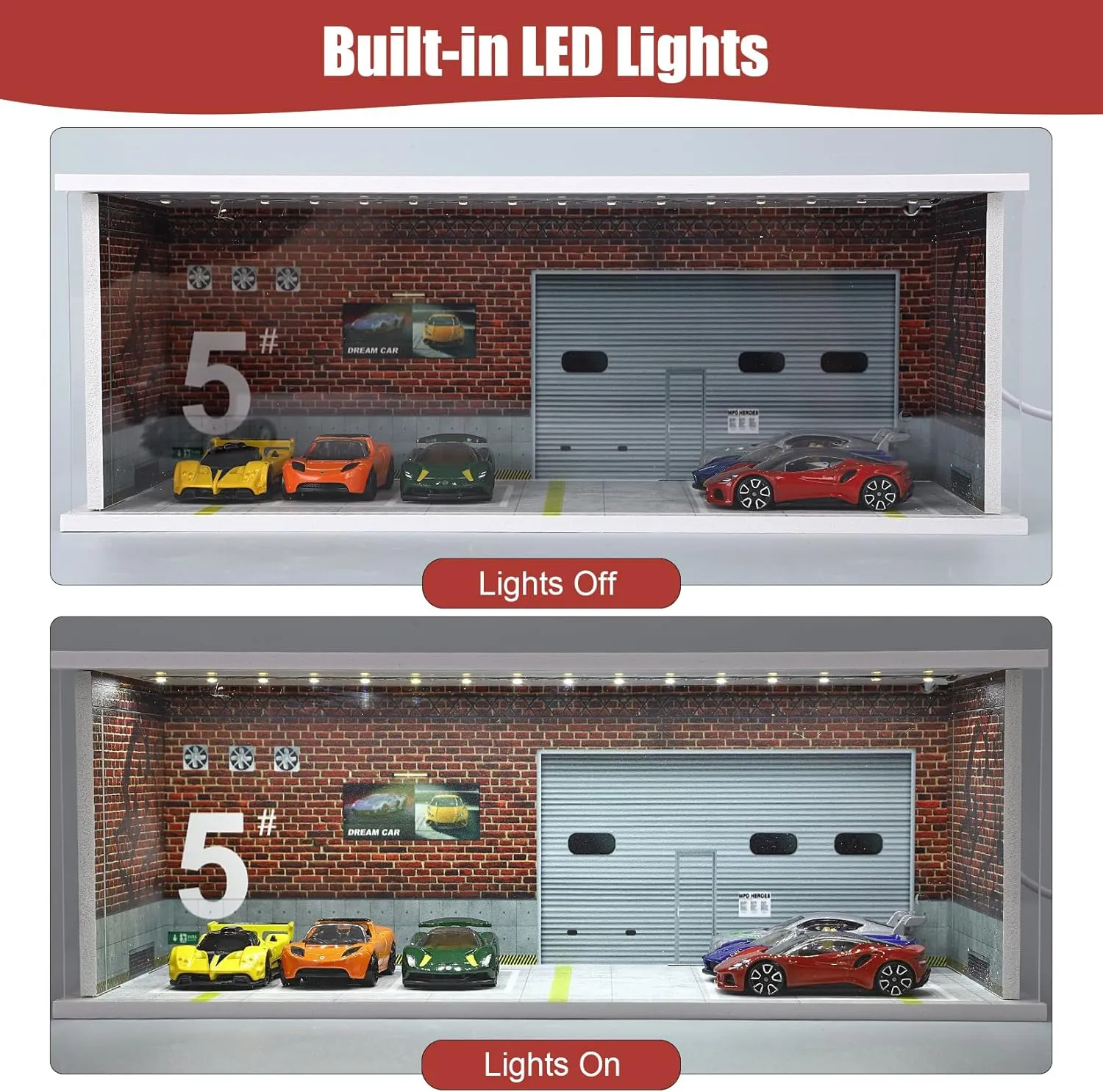 Display Case for Hot Wheels: Stackable Parking Garage for 1/64 Scale Matchbox Toy Car, Foamboard Storage for Monster Trucks with LED Light and Acrylic Cover, Caution Line