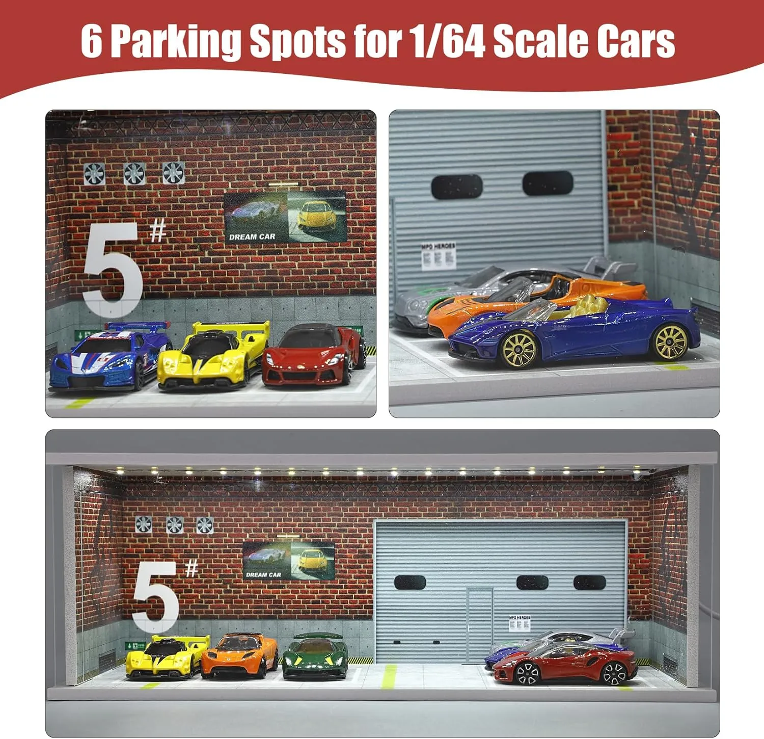 Display Case for Hot Wheels: Stackable Parking Garage for 1/64 Scale Matchbox Toy Car, Foamboard Storage for Monster Trucks with LED Light and Acrylic Cover, Caution Line