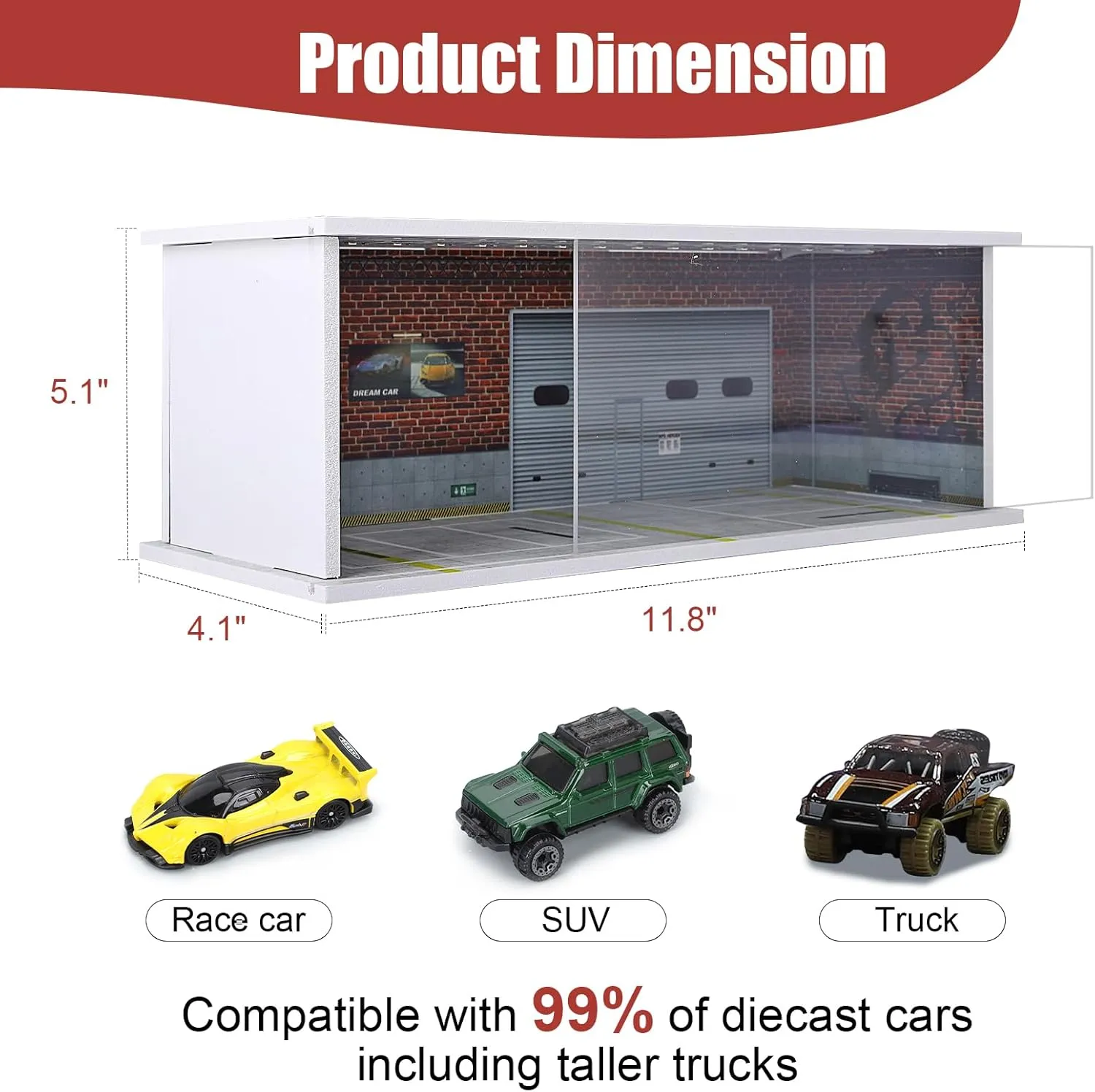 Display Case for Hot Wheels: Stackable Parking Garage for 1/64 Scale Matchbox Toy Car, Foamboard Storage for Monster Trucks with LED Light and Acrylic Cover, Caution Line