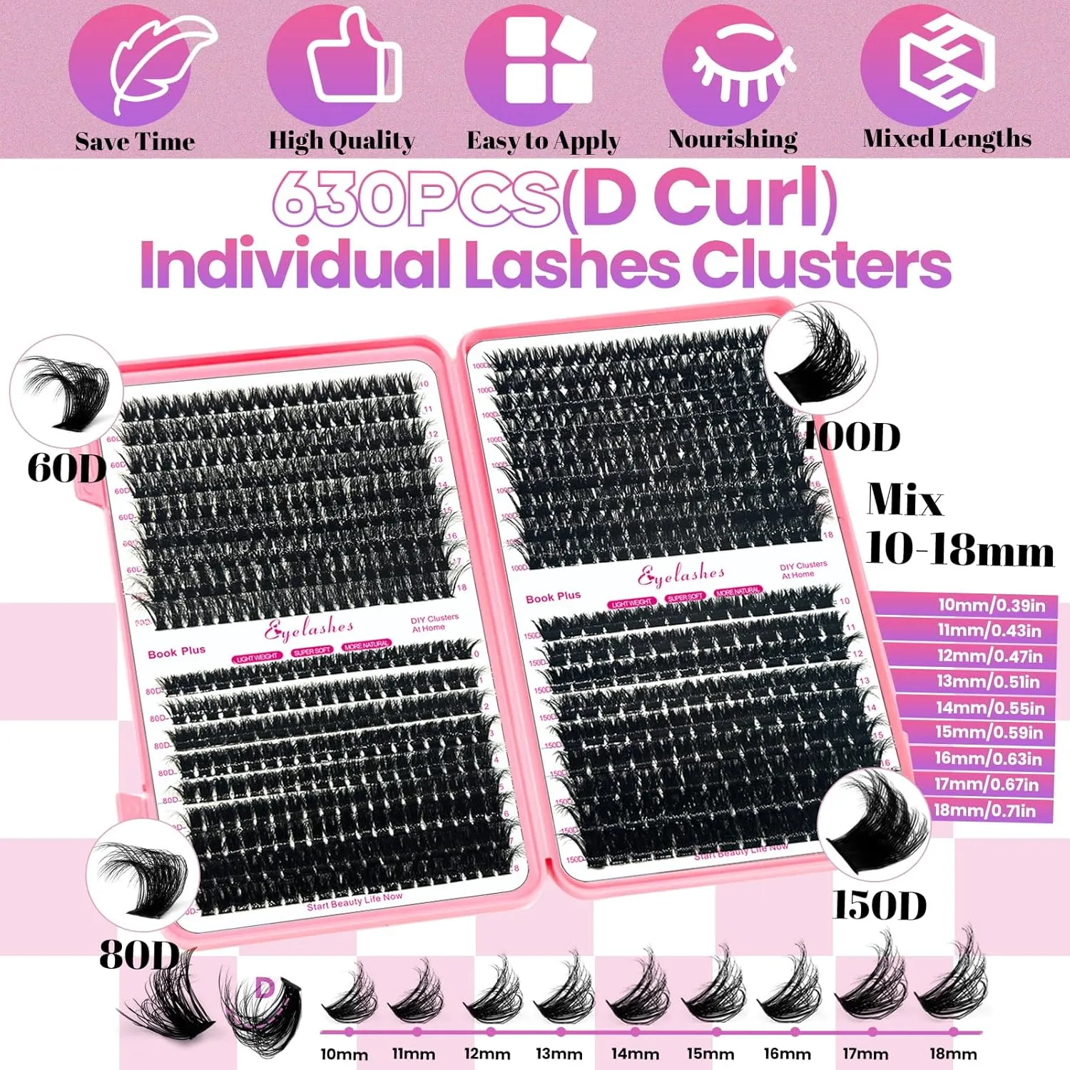 DIY Fluffy Lash Extension Kit with 630pcs Lashes Clusters,1X/2X Magnification Compact Mirror with Light,Lash Bond and Seal,Eyelash Remover Tweezers Applicator Mascara Brush(60-80-100-150D)