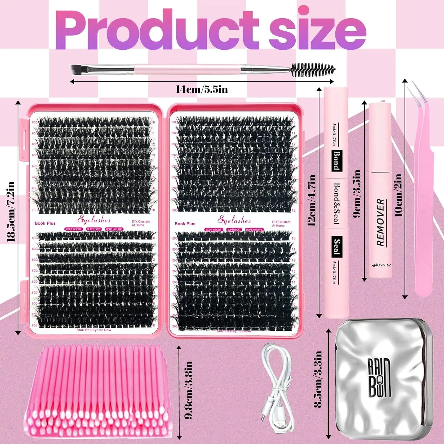 DIY Fluffy Lash Extension Kit with 630pcs Lashes Clusters,1X/2X Magnification Compact Mirror with Light,Lash Bond and Seal,Eyelash Remover Tweezers Applicator Mascara Brush(60-80-100-150D)