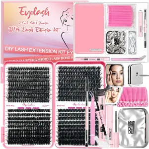 DIY Fluffy Lash Extension Kit with 630pcs Lashes Clusters,1X/2X Magnification Compact Mirror with Light,Lash Bond and Seal,Eyelash Remover Tweezers Applicator Mascara Brush(60-80-100-150D)