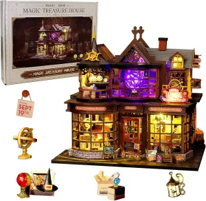 DIY Miniature House Kit Magic Treasure House, Mini Doll House Building Kit with LED Lights Furniture, Miniature Dollhouse Kit Wooden Crafts for Adults Teens Gifts