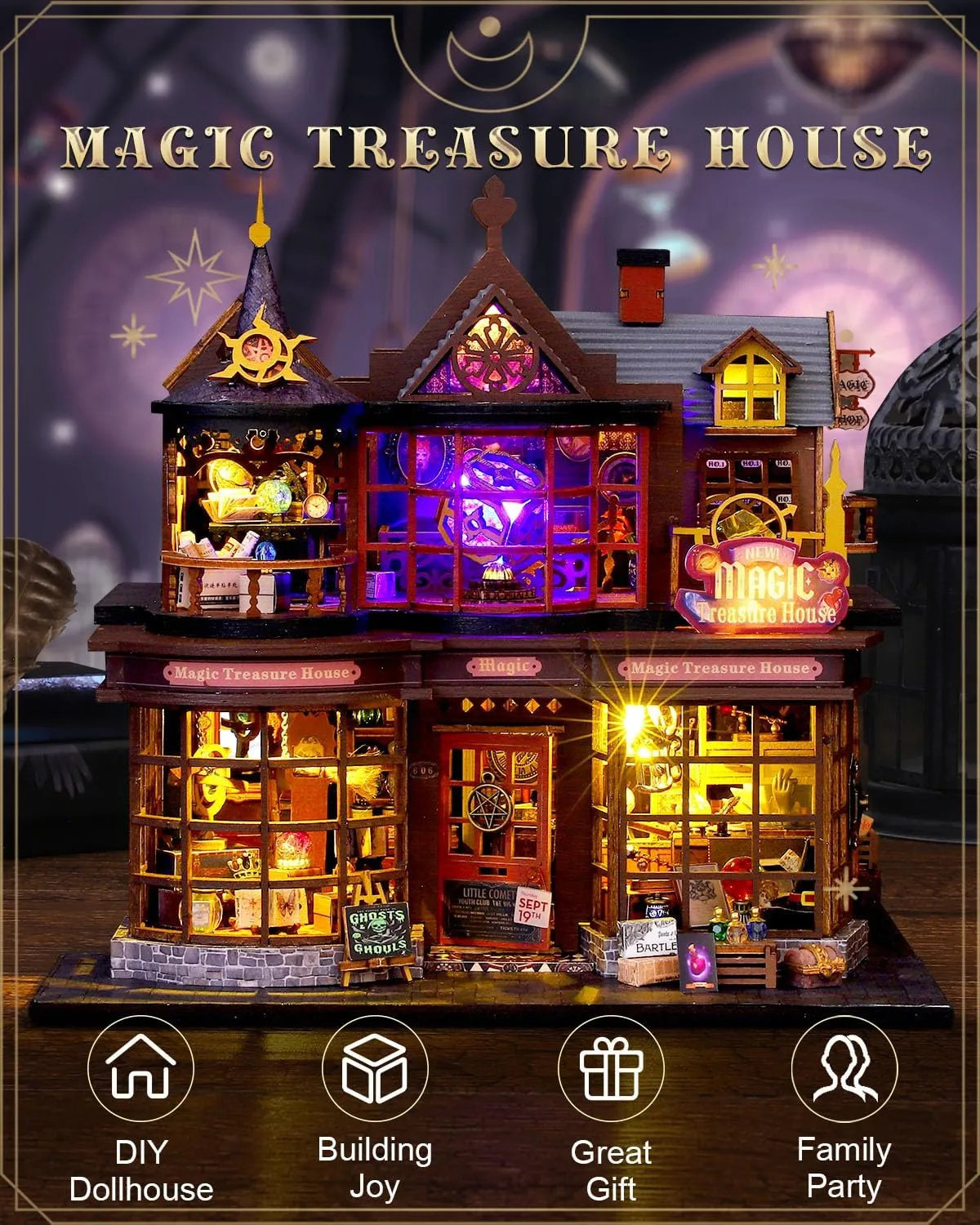 DIY Miniature House Kit Magic Treasure House, Mini Doll House Building Kit with LED Lights Furniture, Miniature Dollhouse Kit Wooden Crafts for Adults Teens Gifts