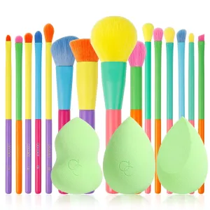 Docolor 15Pcs Colourful Makeup Brush Set   3 Pcs Pea Pod Makeup Sponge, Premium Synthetic Kabuki Foundation Blending Rainbow Professional Make Up Brush Tool