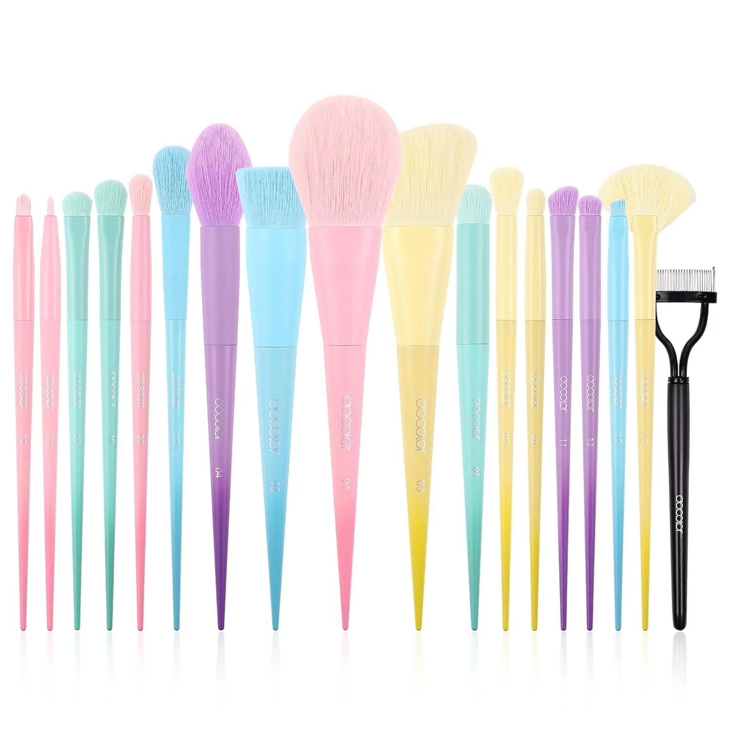 Docolor 17Piece Colorful Makeup Brushes Set With 1PCS Eyelash Comb Curler Eyelash Separator Mascara Applicator,Premium Kabuki Foundation Blending Face Powder Synthetic Make Up Brush Set