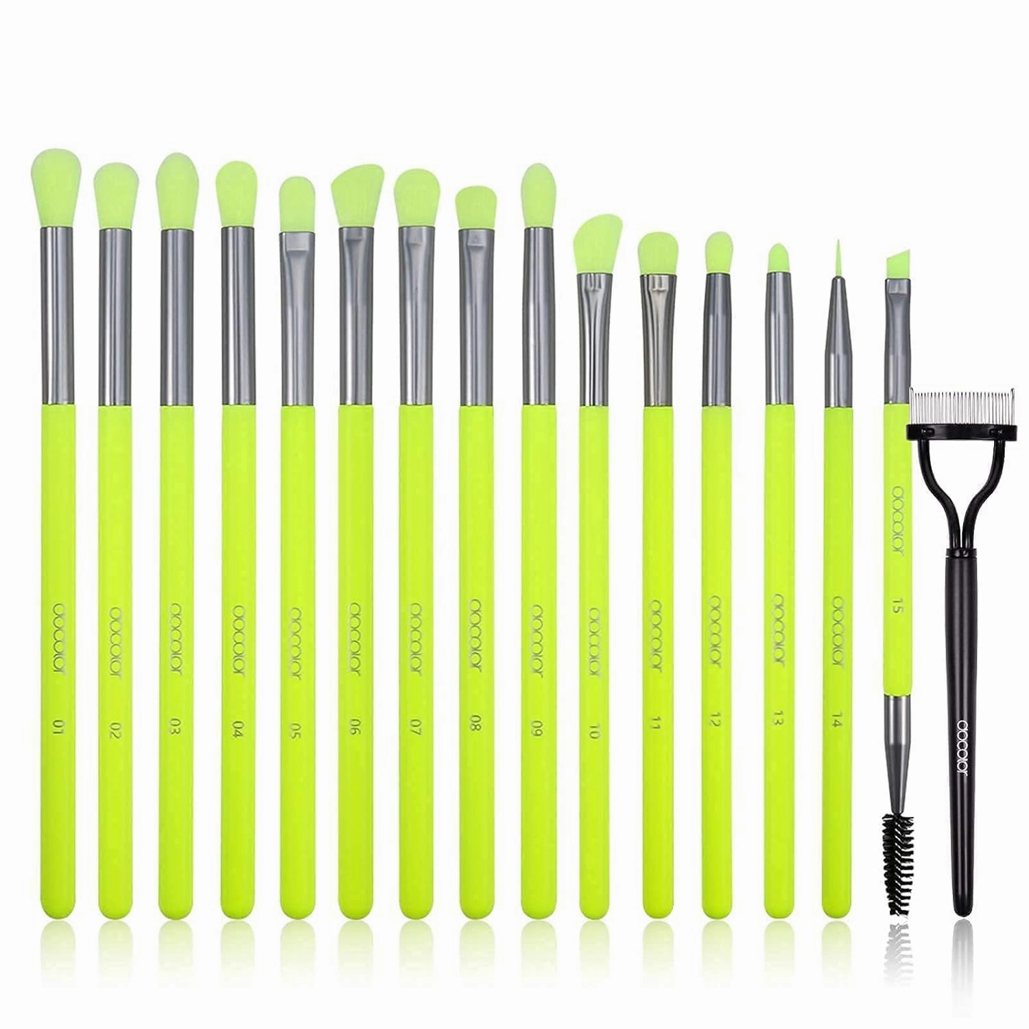 Docolor Eye Makeup Brushes Set 15 Piece Neon Green Eyeshadow Brushes Set with Soft Synthetic Hairs and 1PCS Eyelash Comb Curler Eyelash Separator Mascara Applicator