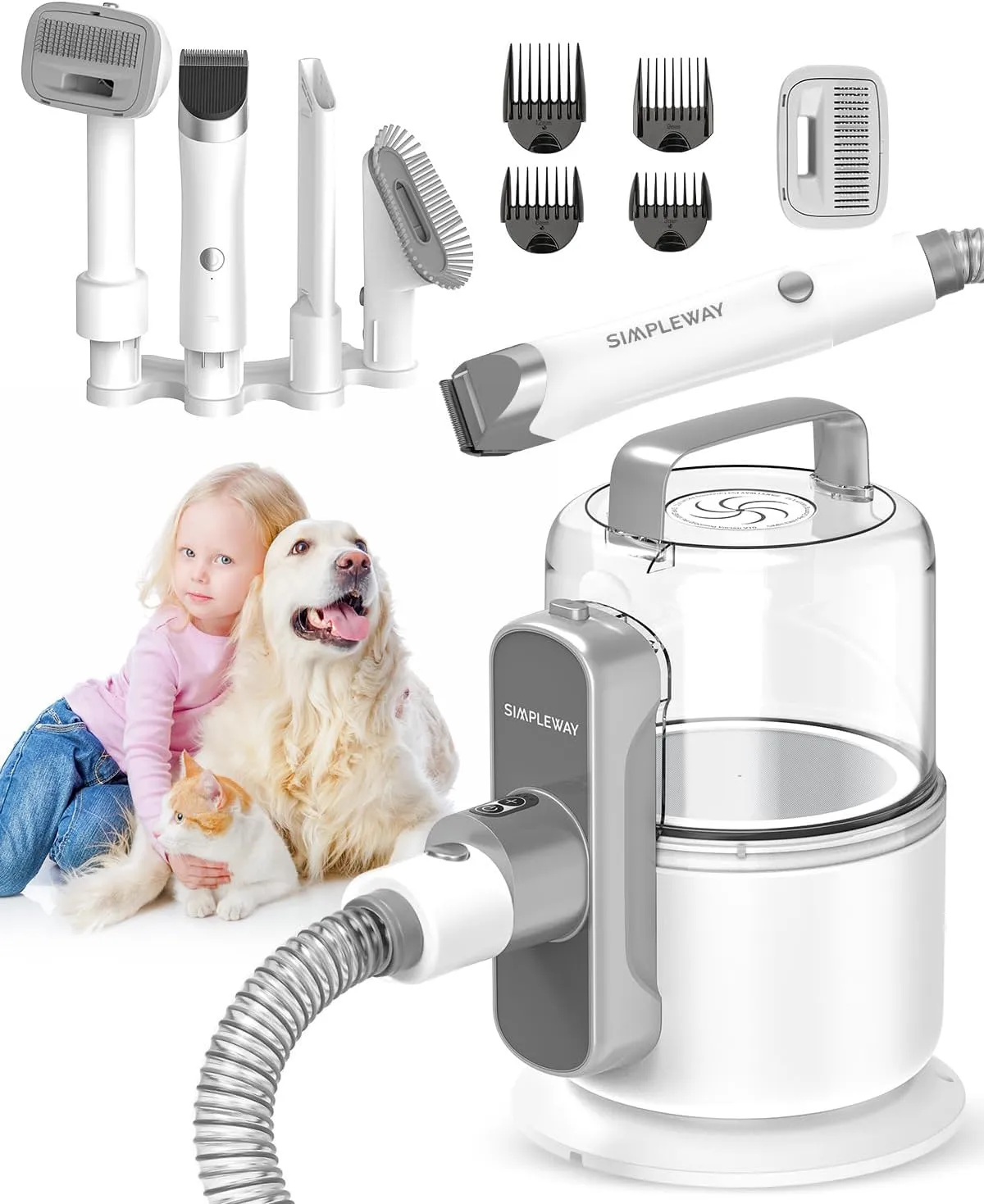 Dog Vacuum Grooming Kit for Shedding: Professional Hair Clippers Pet Groomer - Strong Suction Cleaner Deshedding Tool Fur Brush Attachment Trimmer for Home Cat (Off-White)