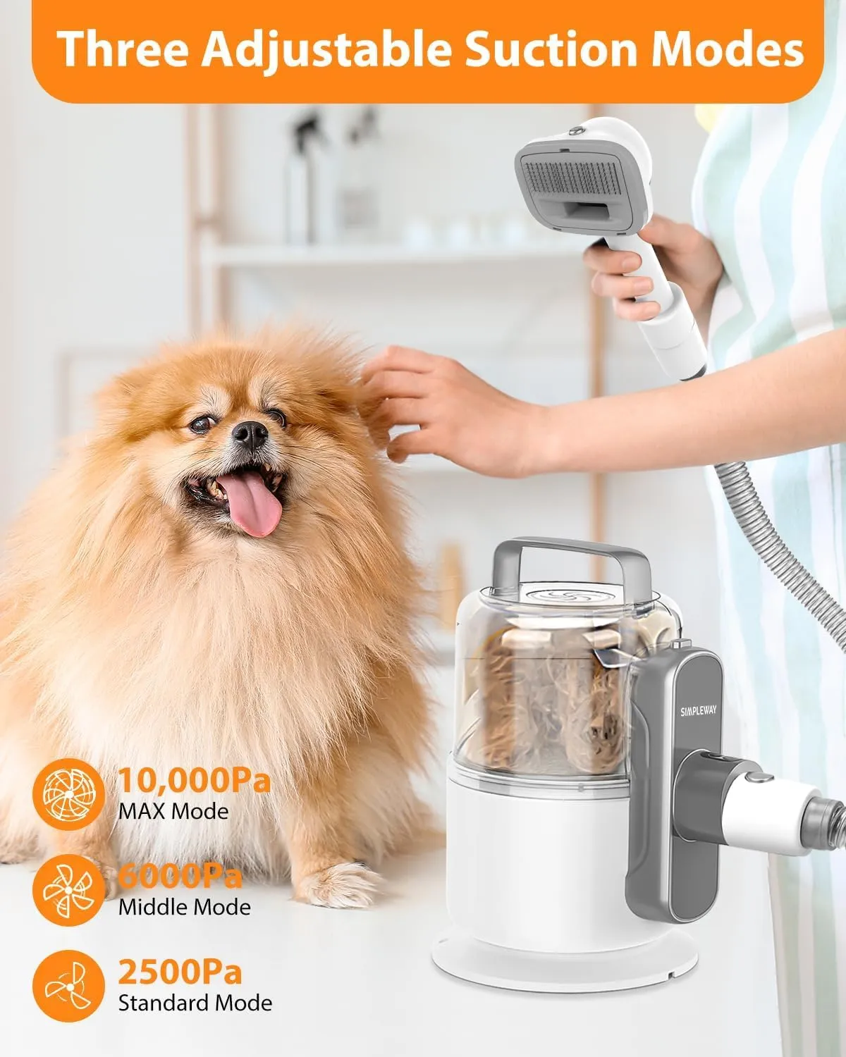 Dog Vacuum Grooming Kit for Shedding: Professional Hair Clippers Pet Groomer - Strong Suction Cleaner Deshedding Tool Fur Brush Attachment Trimmer for Home Cat (Off-White)