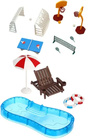 Dollhouse Outdoor Furniture Poolside Decor with Beach Umbrella Swim Rings and Sports Accessories Summer Party Accessories for Creative Play and Imaginative Landscapes