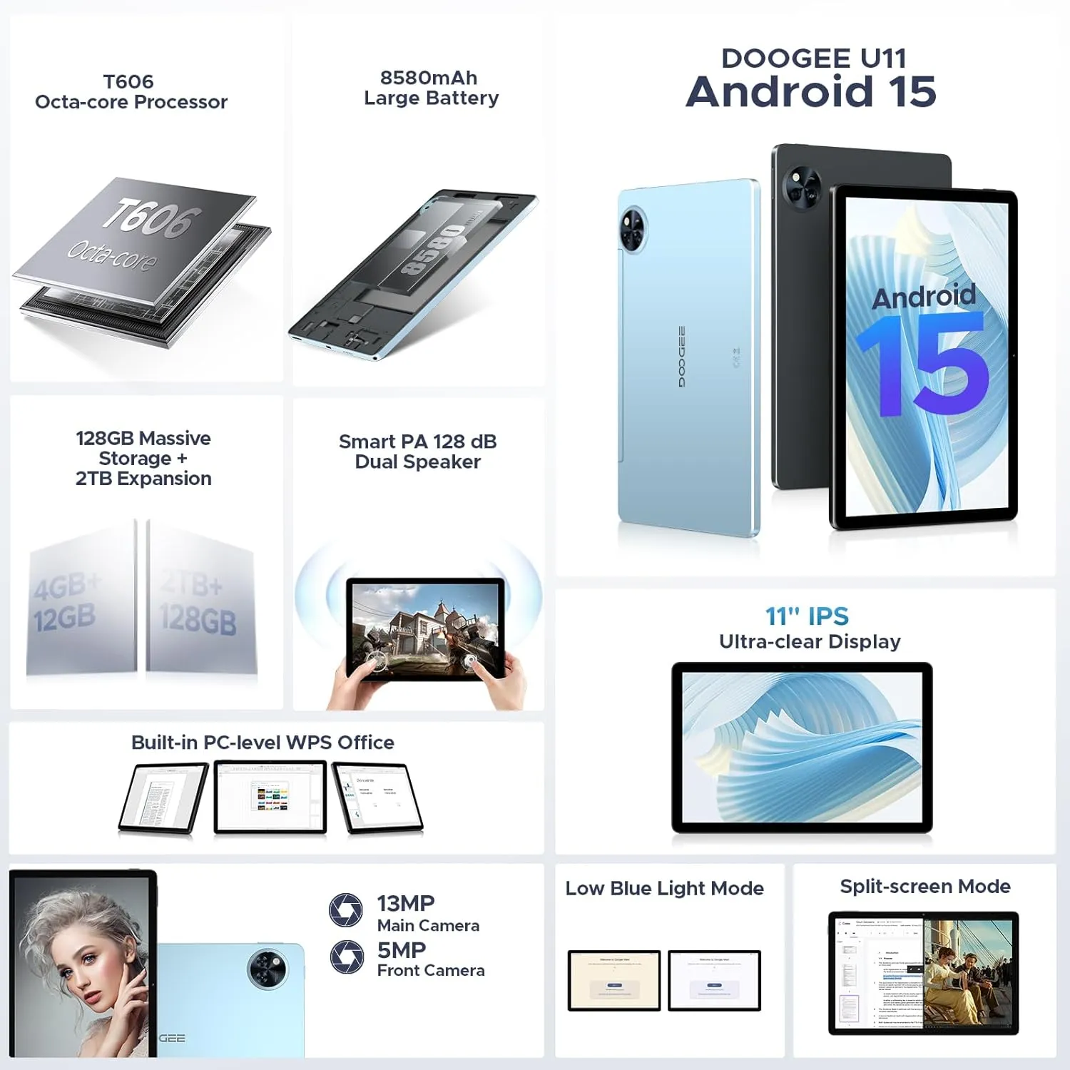 DOOGEE Android 15 Tablet, 11 inch Android Tablet 16GB 128GB/2TB TF Octa-Core,90Hz Display, 8580mAh, Netflix 1080P,Bluetooth 5.0 5G WiFi, 13MP 5MP, Face ID,Metal Body-Black