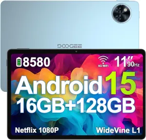 DOOGEE Android 15 Tablet, 11 inch Android Tablet 16GB 128GB/2TB TF Octa-Core,90Hz Display, 8580mAh, Netflix 1080P,Bluetooth 5.0 5G WiFi, 13MP 5MP, Face ID,Metal Body-Black