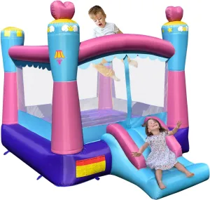 DORTALA Princess Inflatable Bounce House, Bouncy Castle with Slide, Basketball Hoop, 3 in 1 Toddler Bouncy House for Kids Indoor Outdoor, Pink (Without Blower)