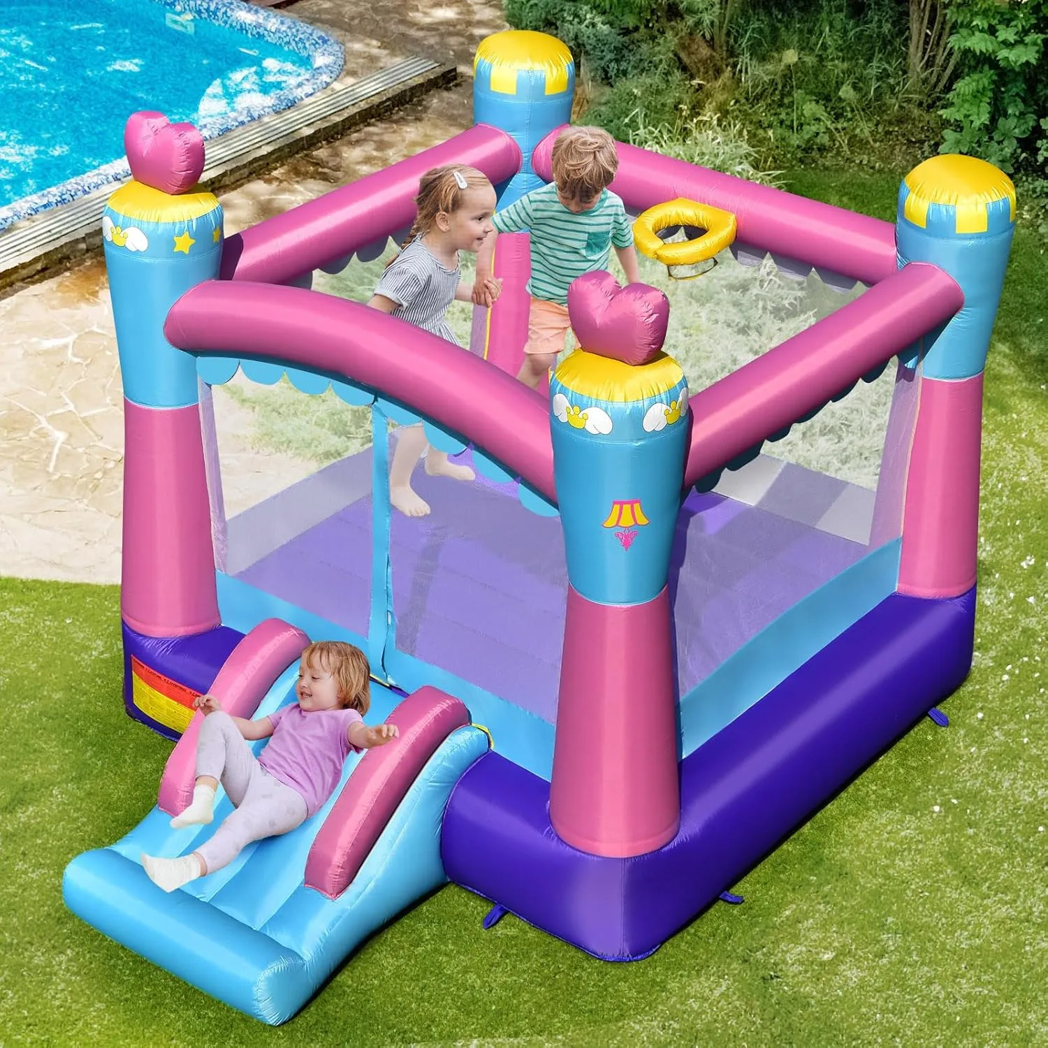DORTALA Princess Inflatable Bounce House, Bouncy Castle with Slide, Basketball Hoop, 3 in 1 Toddler Bouncy House for Kids Indoor Outdoor, Pink (Without Blower)