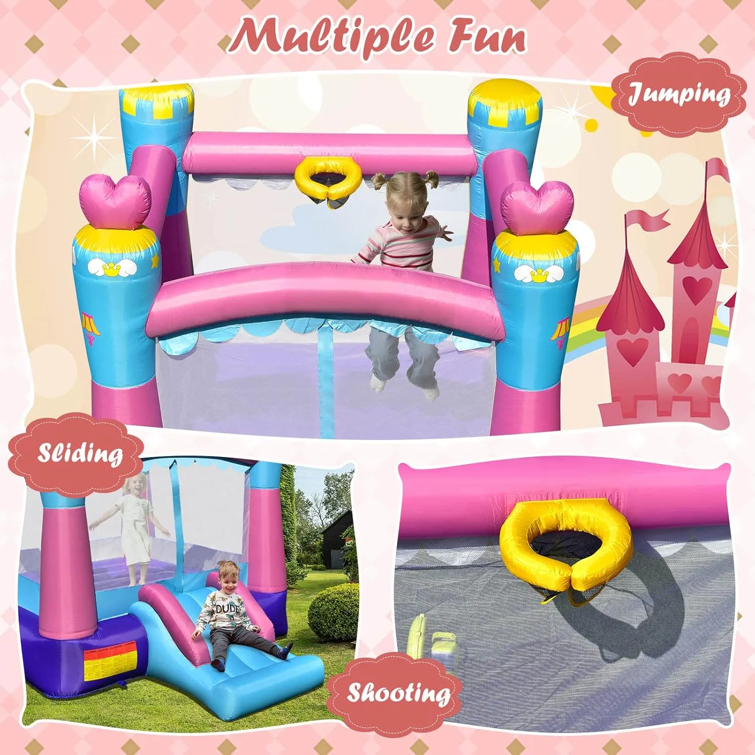 DORTALA Princess Inflatable Bounce House, Bouncy Castle with Slide, Basketball Hoop, 3 in 1 Toddler Bouncy House for Kids Indoor Outdoor, Pink (Without Blower)