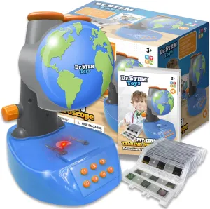 Dr. STEM Toys - Talking Microscope for Kids with Twenty Slides Containing Sixty Specimens, Over 120 Quiz Facts, Adjustable Focus, and Light-Up Platform