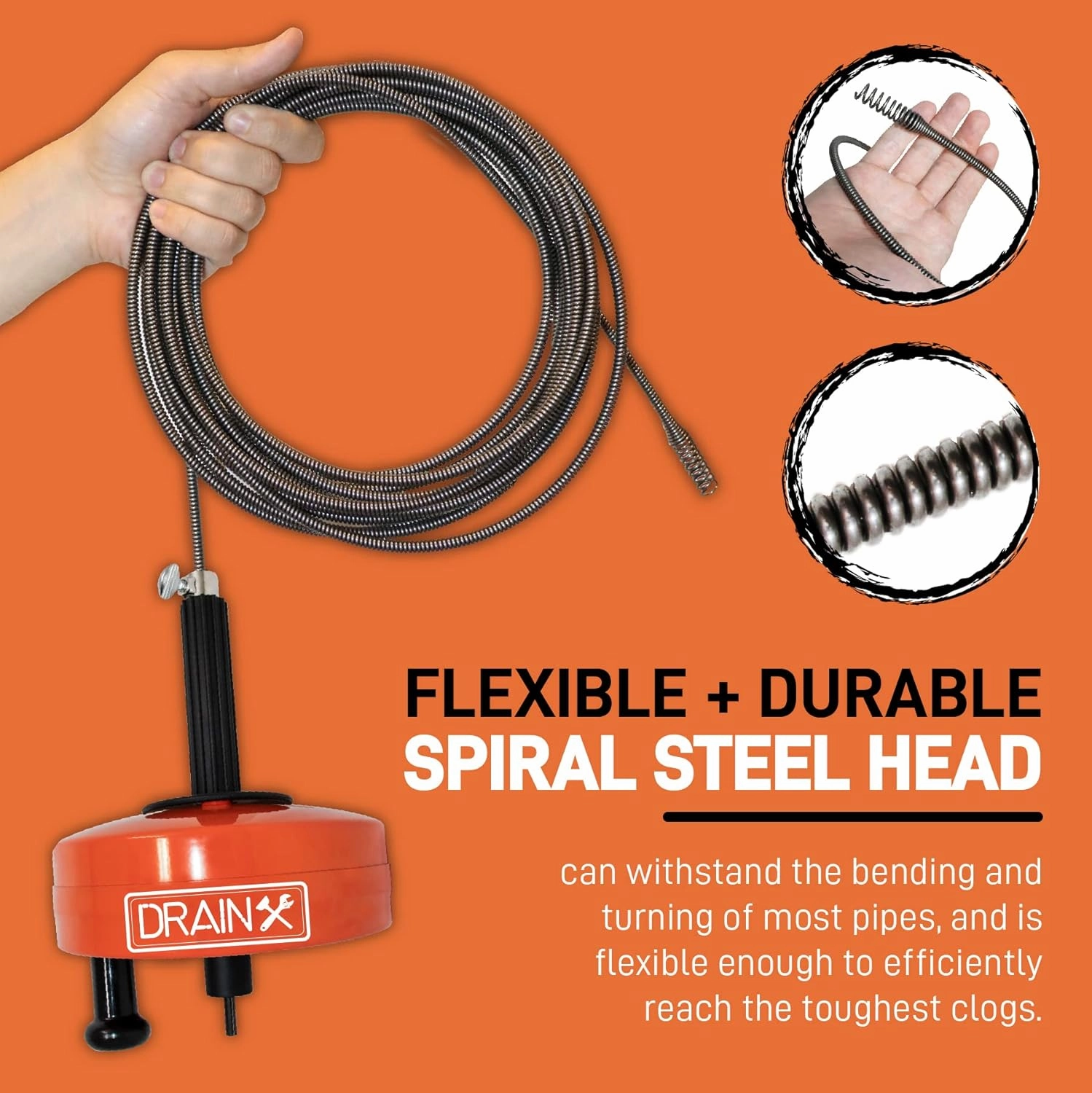 DrainX Power Pro 25-FT Steel Drum Auger Plumbing Snake with Drill Attachment | Use Manually or Powered | Heavy Duty Drain Cleaning Cable with Work Gloves and Storage Bag Included