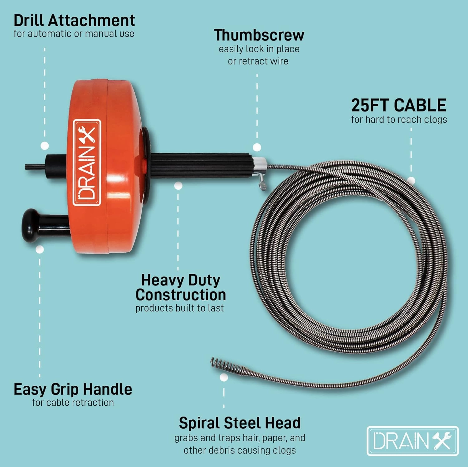 DrainX Power Pro 25-FT Steel Drum Auger Plumbing Snake with Drill Attachment | Use Manually or Powered | Heavy Duty Drain Cleaning Cable with Work Gloves and Storage Bag Included