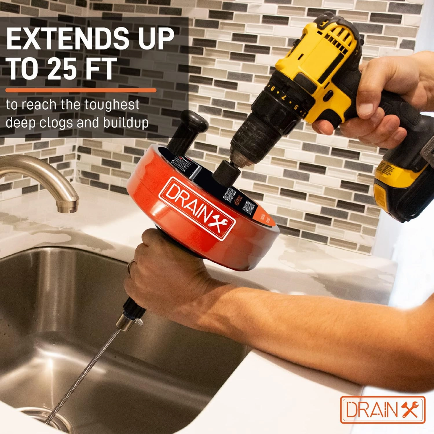 DrainX Power Pro 25-FT Steel Drum Auger Plumbing Snake with Drill Attachment | Use Manually or Powered | Heavy Duty Drain Cleaning Cable with Work Gloves and Storage Bag Included
