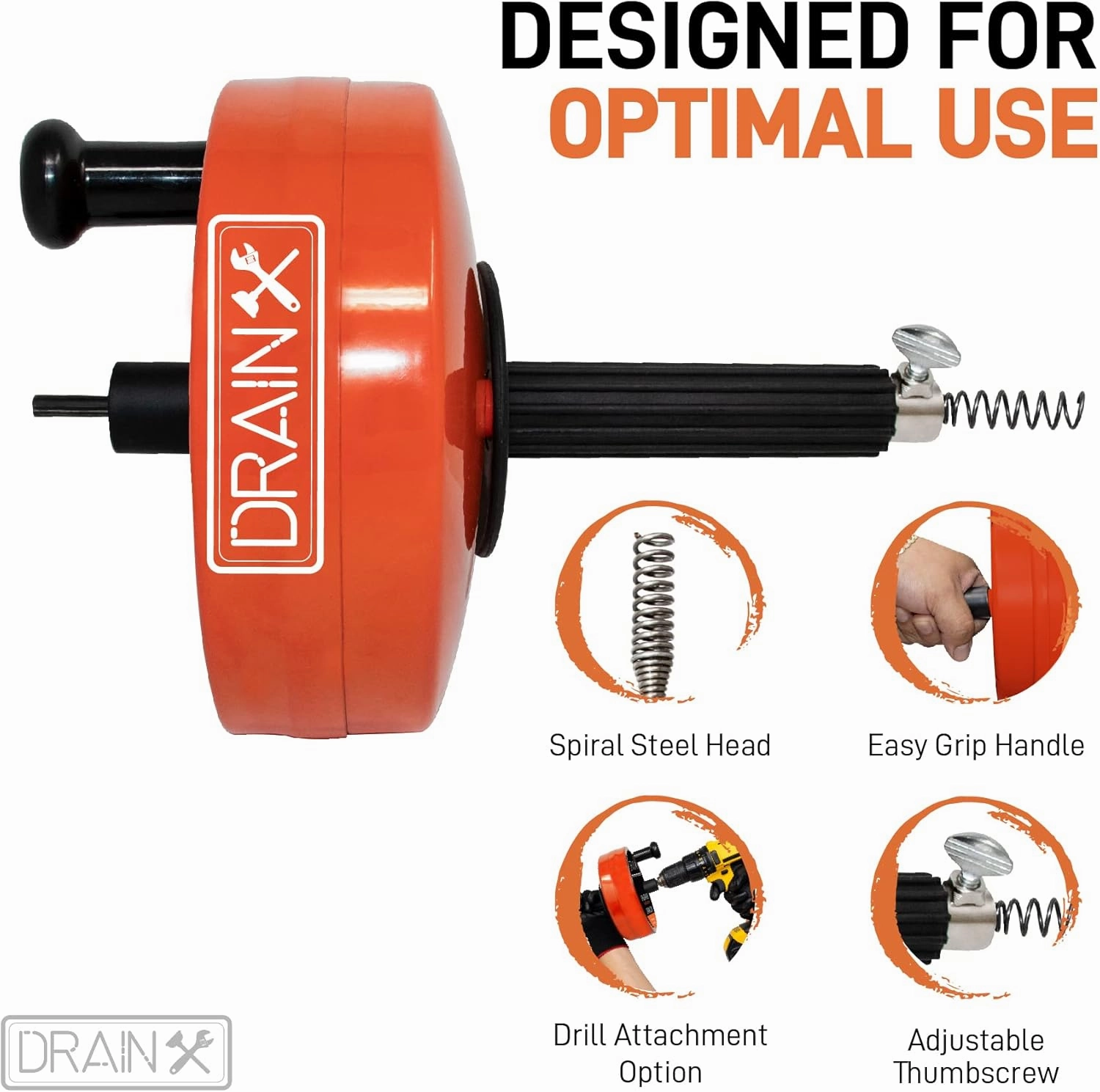 DrainX Power Pro 25-FT Steel Drum Auger Plumbing Snake with Drill Attachment | Use Manually or Powered | Heavy Duty Drain Cleaning Cable with Work Gloves and Storage Bag Included