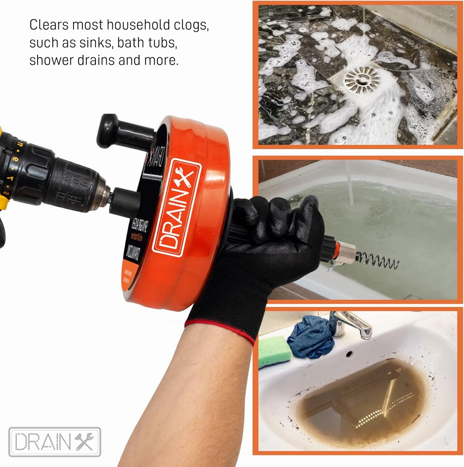 DrainX Power Pro 25-FT Steel Drum Auger Plumbing Snake with Drill Attachment | Use Manually or Powered | Heavy Duty Drain Cleaning Cable with Work Gloves and Storage Bag Included