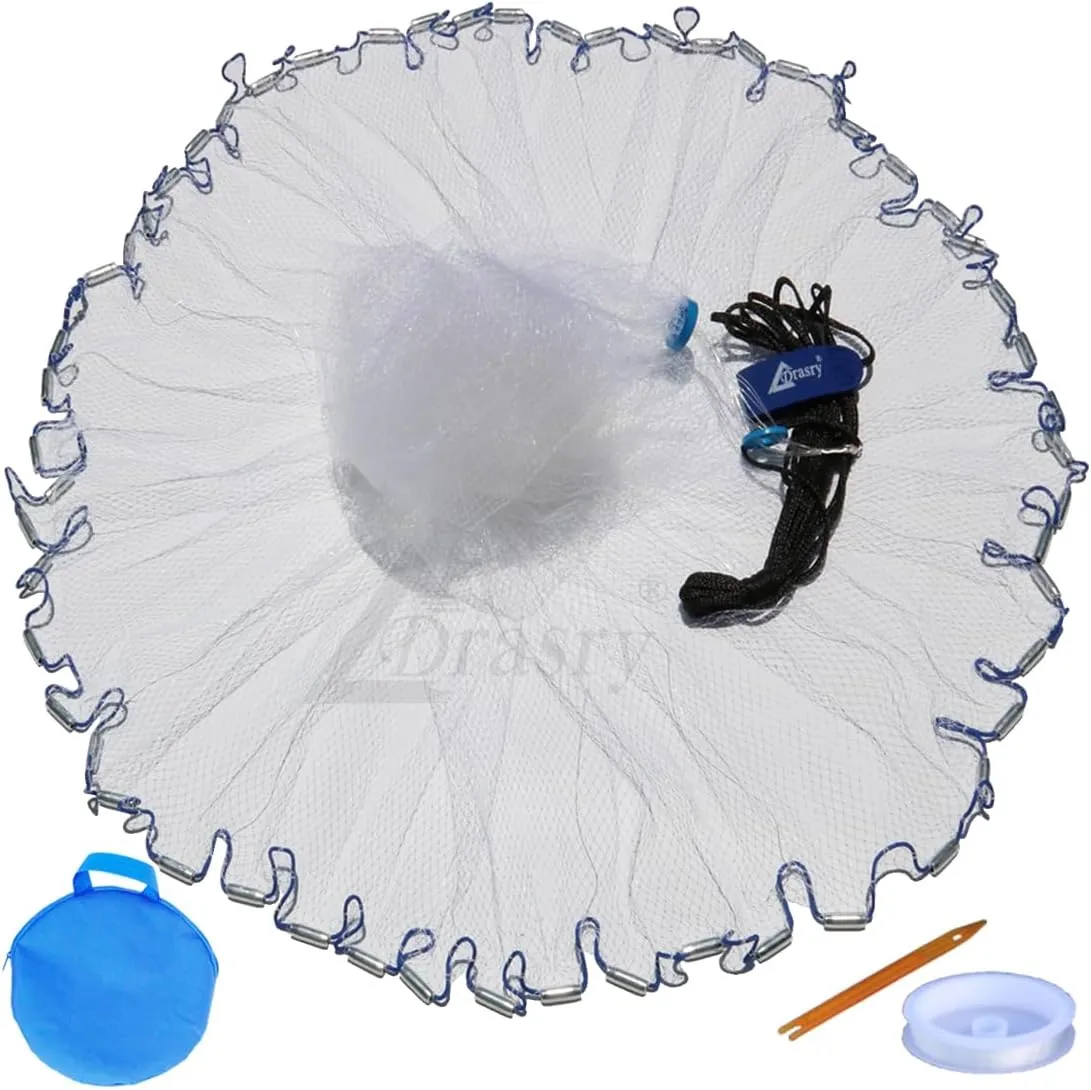 Drasry Saltwater American Fishing Cast Net 3/8inch Mesh Size for Bait Shrimp Trap Fish Heavy Duty Sinkers Throw Net 3FT/4FT/5FT/6FT/7FT/8FT/9FT/10FT Radius