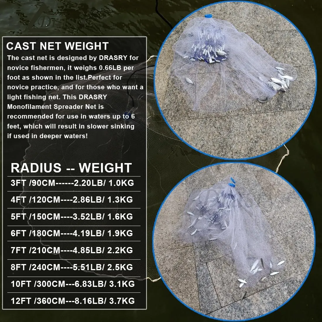Drasry Saltwater American Fishing Cast Net 3/8inch Mesh Size for Bait Shrimp Trap Fish Heavy Duty Sinkers Throw Net 3FT/4FT/5FT/6FT/7FT/8FT/9FT/10FT Radius