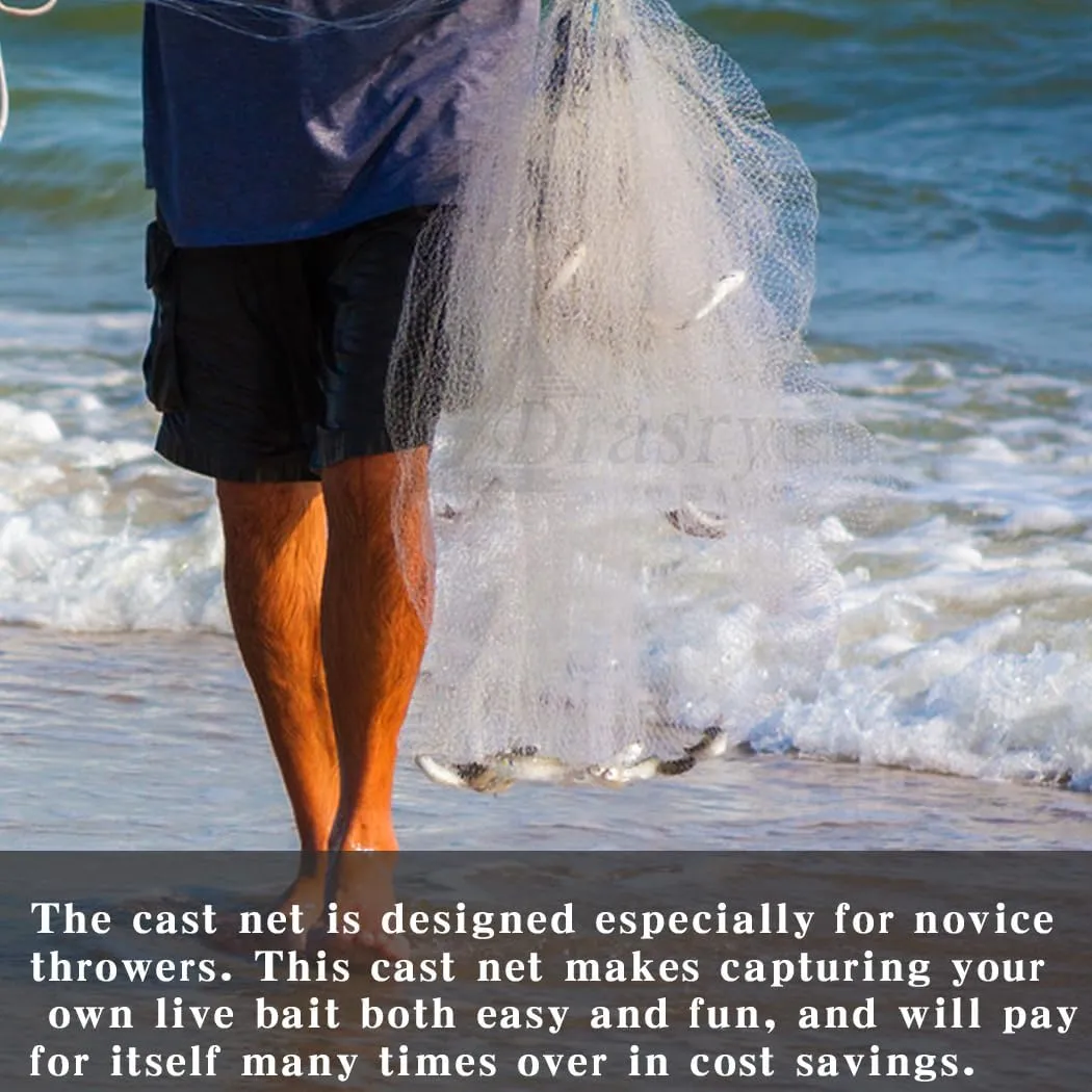 Drasry Saltwater American Fishing Cast Net 3/8inch Mesh Size for Bait Shrimp Trap Fish Heavy Duty Sinkers Throw Net 3FT/4FT/5FT/6FT/7FT/8FT/9FT/10FT Radius