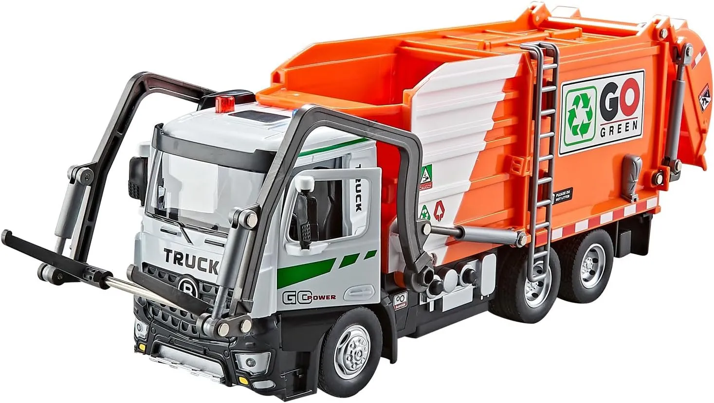 Dwi Dowellin Electric Alloy Garbage Truck Set,Trash Truck Toys for Boys Kids Friction Powered Recycling Vehicles,Front Loader with Dumpster,4 Trash Bins(Orange)