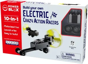 E-Blox: Power Blox: 10-in-1 Electric Crazy Action Racers - 24pcs, Build 10 Models, Motorized Fun, Conductive Blox No Wires Needed, Toy Kids Ages 8 