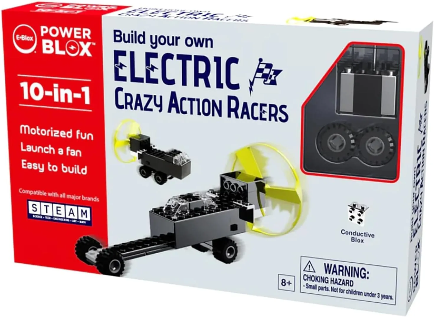 E-Blox: Power Blox: 10-in-1 Electric Crazy Action Racers - 24pcs, Build 10 Models, Motorized Fun, Conductive Blox No Wires Needed, Toy Kids Ages 8 