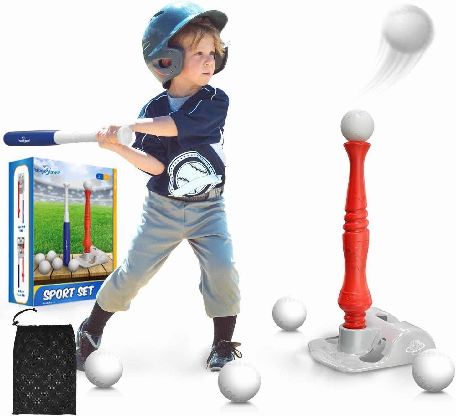 EagleStone T Ball Sets for Kids 3-5, 5-8, Tee Ball Set for Toddlers, Baseball Outdoor Toy Includes 6 Large Balls, Adjustable Teeball Batting Tee, Tball Games for Boys & Girls, Kids Ages 3-12 Years