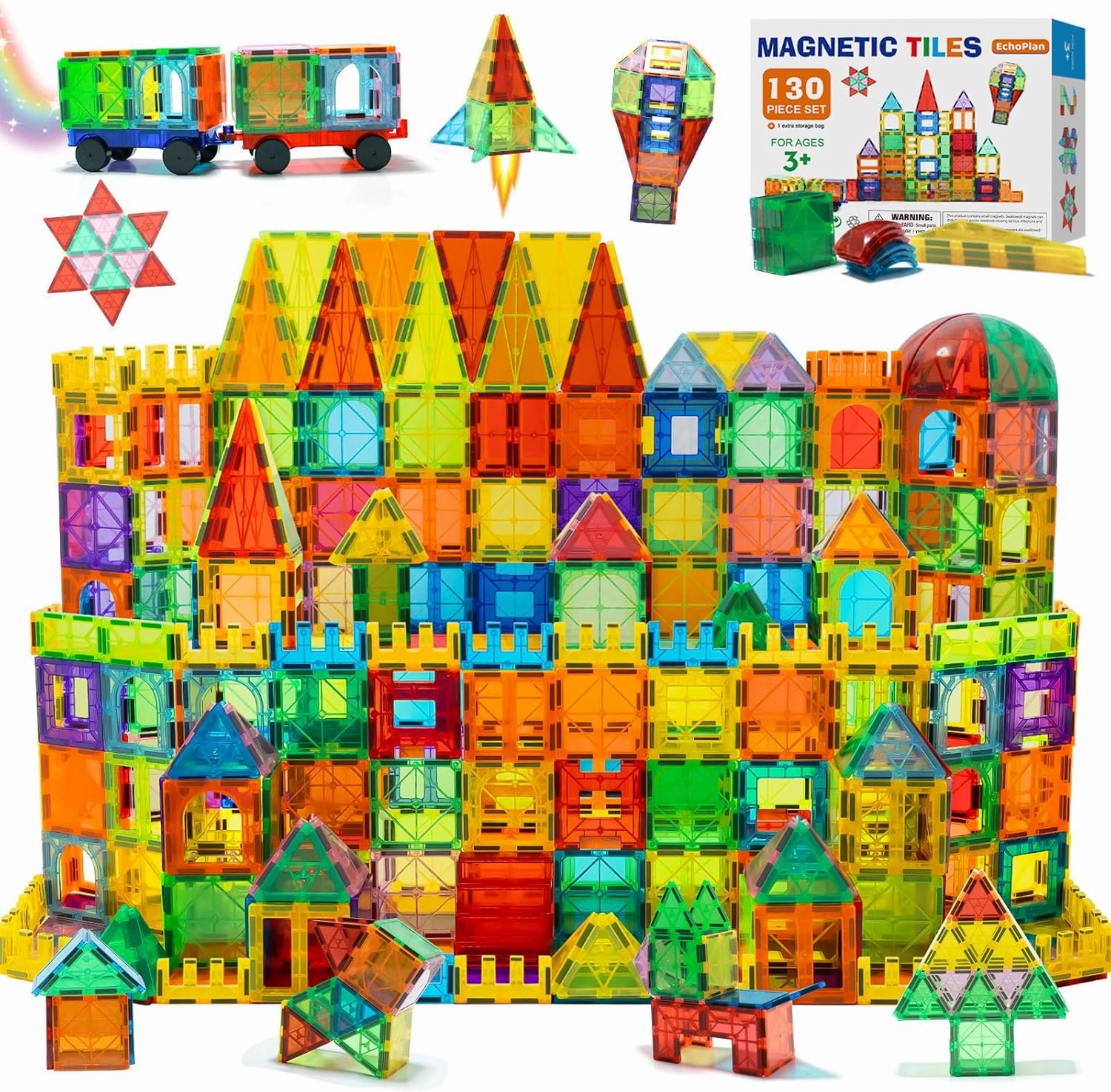 EchoPlan Magnetic Tiles, 130PCS Magnetic Blocks with 2 Cars, Magnet Tiles 3D Clear Building Blocks Set, STEM Sensory Educational Toys Gift for Toddlers Kids Boys 3 4 5 6 7 8 9  Year Old