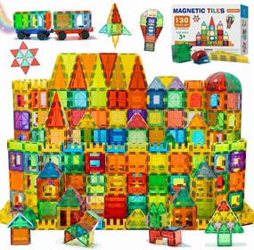 EchoPlan Magnetic Tiles, 130PCS Magnetic Blocks with 2 Cars, Magnet Tiles 3D Clear Building Blocks Set, STEM Sensory Educational Toys Gift for Toddlers Kids Boys 3 4 5 6 7 8 9  Year Old