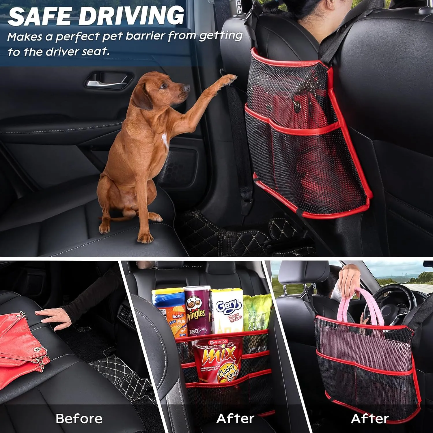 eing Car Seat Organizer Seat Back Storage Bag, Car Net Pocket Handbag Holder, Barrier of Backseat Dog Pet Kids for Car, Automotive Consoles Purse Holder, Black Red Line